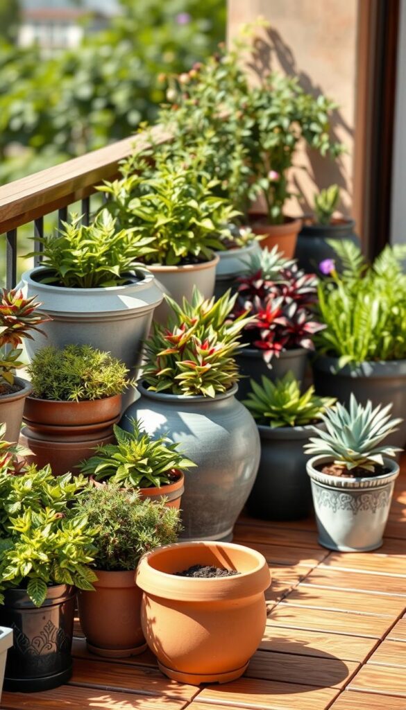 A collection of various container pots of different shapes, sizes, and materials, arranged on a wooden patio or balcony surface. The pots are filled with lush, vibrant plants in a variety of colors and textures, creating a harmonious and visually appealing display. The scene is bathed in warm, natural lighting, casting soft shadows and highlighting the unique characteristics of each container. The background is blurred, allowing the focus to remain on the carefully curated selection of pots, showcasing their versatility and suitability for a balcony or patio setting.