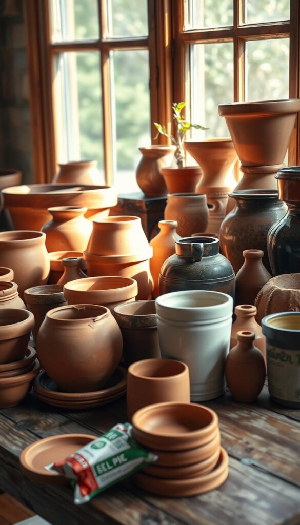 A collection of various sized clay pots, terracotta planters, and decorative ceramic containers arranged on a rustic wooden table. The containers feature a diverse array of shapes, textures, and colors, from smooth glazed finishes to rough unglazed surfaces. Soft, diffused natural light filters through a nearby window, casting warm shadows and highlighting the organic materials. In the foreground, a few terra cotta saucers and a small bag of potting mix provide a sense of scale and purpose, hinting at the container gardening theme. The overall composition conveys a sense of tranquility, inviting the viewer to imagine the beautiful blooms that could thrive in these carefully selected vessels. A collection of various sized clay pots, terracotta planters, and decorative ceramic containers arranged on a rustic wooden table. The containers feature a diverse array of shapes, textures, and colors, from smooth glazed finishes to rough unglazed surfaces. Soft, diffused natural light filters through a nearby window, casting warm shadows and highlighting the organic materials. In the foreground, a few terra cotta saucers and a small bag of potting mix provide a sense of scale and purpose, hinting at the container gardening theme. The overall composition conveys a sense of tranquility, inviting the viewer to imagine the beautiful blooms that could thrive in these carefully selected vessels.