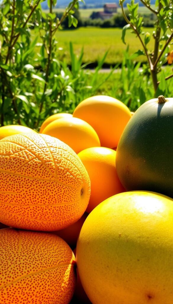 A colorful arrangement of ripe, juicy melons bathed in warm, golden sunlight. In the foreground, a freshly harvested cantaloupe with its characteristic netted rind and vibrant orange flesh. Beside it, a glistening green honeydew melon, its smooth skin reflecting the sun's radiance. In the middle ground, complementary melons of various sizes and stages of ripeness, their shapes and hues creating a harmonious, still-life composition. The background features a lush, verdant garden setting, with a hint of a countryside landscape in the distance, evoking a sense of summer abundance and tranquility. The overall scene exudes a captivating fragrance and a tactile, almost palpable quality, inviting the viewer to reach out and experience the melons' perfectly ripe, slip-tested texture. A colorful arrangement of ripe, juicy melons bathed in warm, golden sunlight. In the foreground, a freshly harvested cantaloupe with its characteristic netted rind and vibrant orange flesh. Beside it, a glistening green honeydew melon, its smooth skin reflecting the sun's radiance. In the middle ground, complementary melons of various sizes and stages of ripeness, their shapes and hues creating a harmonious, still-life composition. The background features a lush, verdant garden setting, with a hint of a countryside landscape in the distance, evoking a sense of summer abundance and tranquility. The overall scene exudes a captivating fragrance and a tactile, almost palpable quality, inviting the viewer to reach out and experience the melons' perfectly ripe, slip-tested texture.