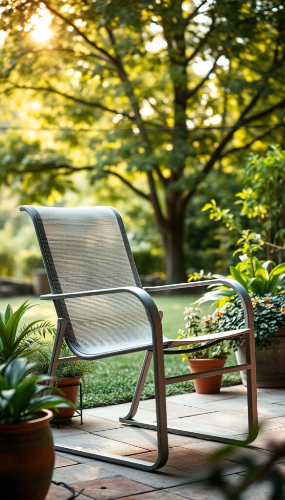 A comfortable, weatherproof outdoor chair in a tranquil backyard setting. High-quality aluminum or resin frame with a supportive, breathable mesh or woven seat. Gently angled back and armrests for relaxation. Positioned on a stone or brick patio, surrounded by lush greenery and potted plants. Soft, diffused natural lighting filters through the trees, creating a warm, inviting ambiance. The chair is the perfect spot to enjoy the outdoors, whether reading a book or sipping a refreshing drink. A timeless design that will complement any backyard aesthetic, from modern to rustic. A comfortable, weatherproof outdoor chair in a tranquil backyard setting. High-quality aluminum or resin frame with a supportive, breathable mesh or woven seat. Gently angled back and armrests for relaxation. Positioned on a stone or brick patio, surrounded by lush greenery and potted plants. Soft, diffused natural lighting filters through the trees, creating a warm, inviting ambiance. The chair is the perfect spot to enjoy the outdoors, whether reading a book or sipping a refreshing drink. A timeless design that will complement any backyard aesthetic, from modern to rustic.