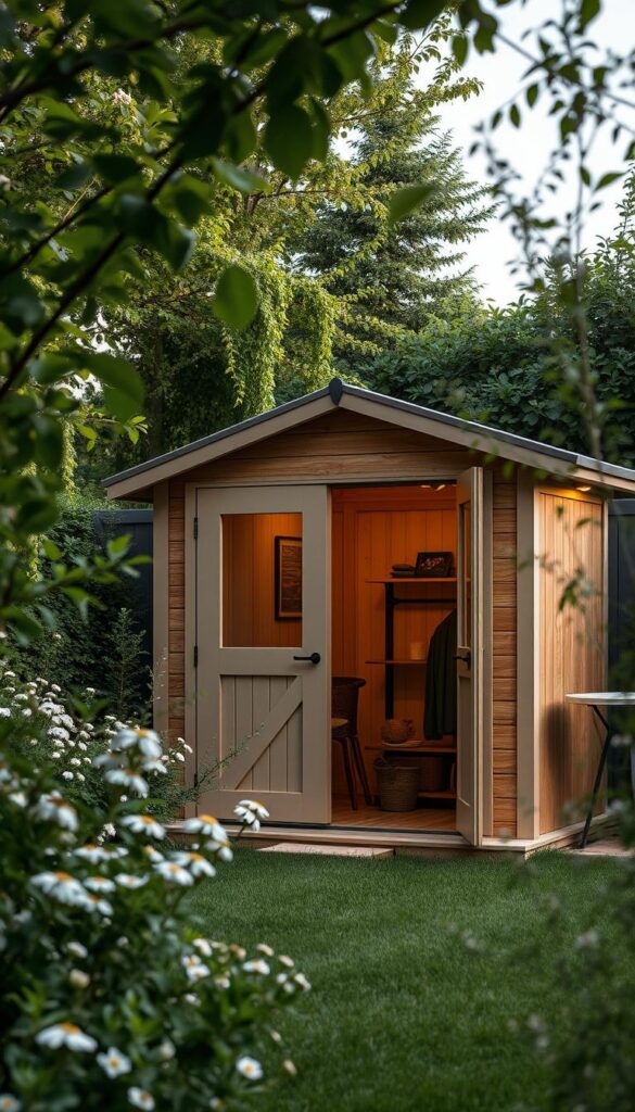 A compact, weather-resistant outdoor storage shed nestled in a lush, verdant backyard. The shed's compact footprint and sleek, streamlined design maximize storage capacity while seamlessly blending into the surrounding landscape. Warm, natural wood paneling and a pitched roof create a rustic, charming aesthetic. Subtle lighting from discreetly placed fixtures casts a warm glow, illuminating the shed's interior and creating a cozy, inviting atmosphere. The shed is positioned at an angle, capturing the perfect balance of privacy and visibility, complementing the yard's layout. Lush greenery and delicate flora frame the scene, conveying a sense of tranquility and harmony.