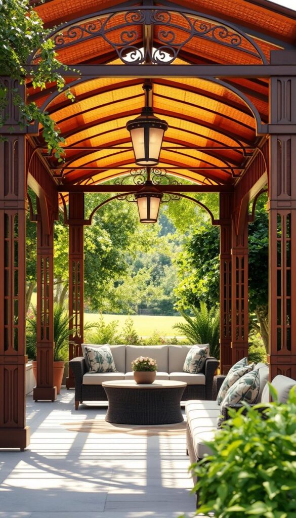 A copper-toned cabana pergola design, set against a serene backdrop of lush greenery. The structure's elegant arches and intricate metalwork cast warm, diffused lighting across the scene. In the foreground, a cozy seating area invites leisurely relaxation, while the middle ground showcases a delicate interplay of light and shadow. The background features a verdant landscape, hinting at the tranquility and privacy of this outdoor sanctuary. Captured with a wide-angle lens, the image conveys a sense of inviting spaciousness and an effortless blend of natural and architectural elements.