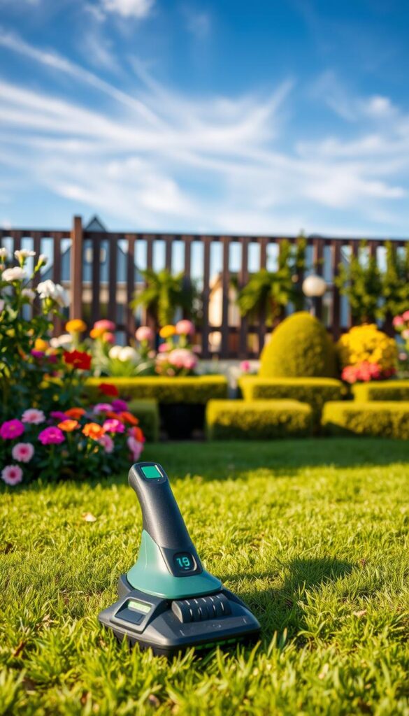 A cordless garden tool resting on a lush, verdant lawn, surrounded by blooming flowers and vibrant foliage. The tool, with its sleek, modern design, is positioned in the foreground, casting a soft shadow on the ground. The middle ground features a well-manicured garden, with neatly trimmed hedges and colorful perennials. In the background, a picturesque wooden fence and a serene blue sky with wispy clouds create a picturesque, tranquil atmosphere. Warm, natural lighting casts a gentle glow, highlighting the tool's features and the garden's beauty. The scene conveys a sense of harmony, efficiency, and the effortless maintenance of an outdoor space.