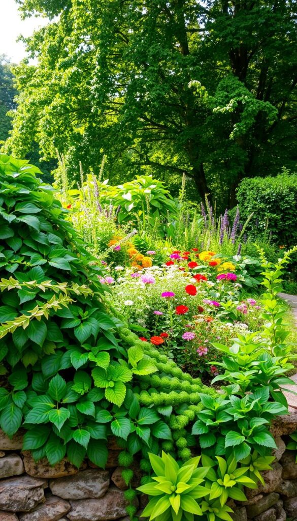 A cottage garden layered with lush, vibrant foliage. In the foreground, a variety of ornamental plants cascade over a stone wall, their leaves intertwining in a symphony of textures and shapes. The middle ground features a mix of perennials and annuals, their flowers bursting with color and softly swaying in a gentle breeze. In the background, a backdrop of mature trees casts a warm, dappled light, creating a sense of depth and enclosure. The overall scene exudes a sense of natural harmony, inviting the viewer to step into this verdant oasis and lose themselves in its tranquil beauty.