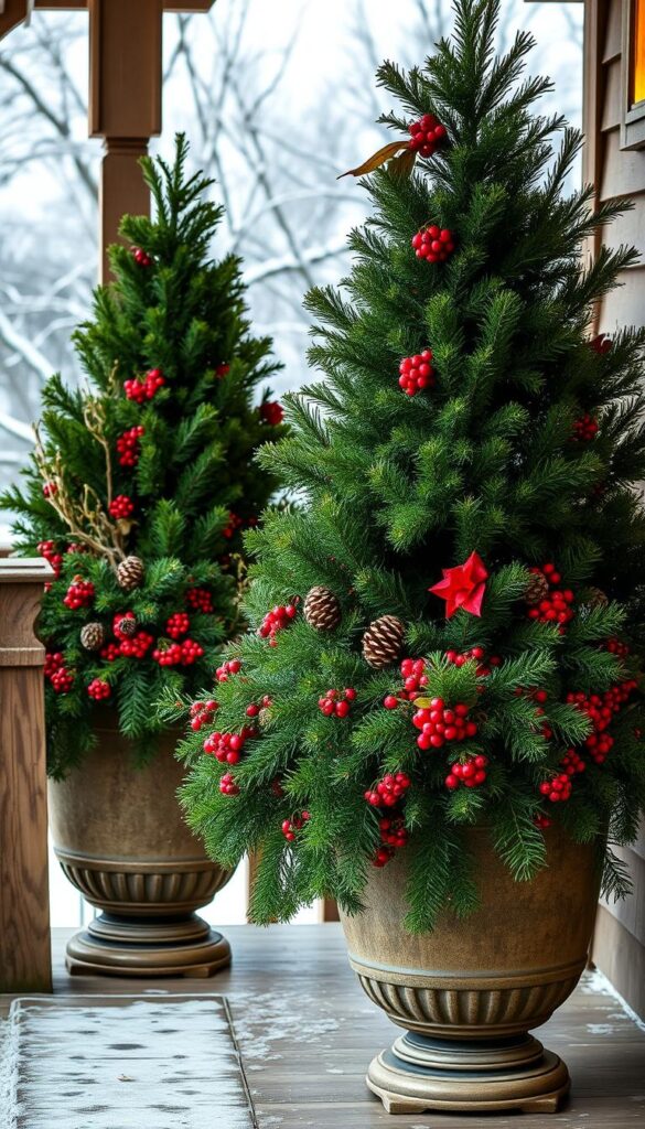 A cozy and elegant winter scene of large, lush planters filled with a vibrant mix of evergreen foliage, pinecones, and seasonal berries, all bathed in warm, soft lighting. The planters are centered on a covered porch, their rich colors and textures contrasting beautifully against the weathered wooden railing and wintry backdrop of a snowy landscape beyond. The overall composition is balanced and inviting, capturing the essence of a festive, long-lasting holiday display that would grace any front entryway from fall through the end of winter.