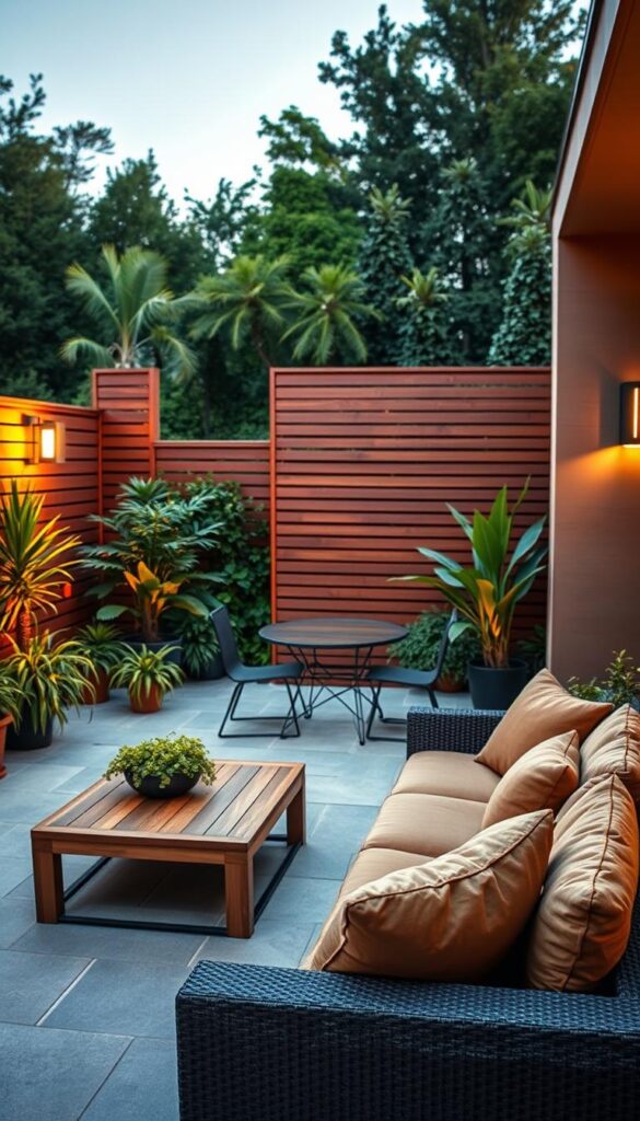 A cozy and functional patio layout, bathed in warm evening light. In the foreground, a neatly arranged outdoor seating area with plush, earthy-toned cushions and a low, wooden coffee table. In the middle ground, a small dining set with a glass-topped table and minimalist chairs, surrounded by lush, potted plants. In the background, a slatted wood privacy screen creates a sense of enclosure, while allowing glimpses of a verdant, well-manicured backyard. Subtle lighting fixtures along the perimeter cast a gentle glow, establishing a tranquil and inviting ambiance. The composition emphasizes balance, practicality, and seamless integration with the natural surroundings. A cozy and functional patio layout, bathed in warm evening light. In the foreground, a neatly arranged outdoor seating area with plush, earthy-toned cushions and a low, wooden coffee table. In the middle ground, a small dining set with a glass-topped table and minimalist chairs, surrounded by lush, potted plants. In the background, a slatted wood privacy screen creates a sense of enclosure, while allowing glimpses of a verdant, well-manicured backyard. Subtle lighting fixtures along the perimeter cast a gentle glow, establishing a tranquil and inviting ambiance. The composition emphasizes balance, practicality, and seamless integration with the natural surroundings.