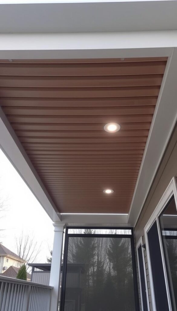 A cozy and functional under-deck shade cover, featuring a modern, minimalist design. The structure is built from sturdy, weather-resistant materials, casting a gentle, ambient light and creating a dry, sheltered space below. Sleek, slatted wooden panels line the ceiling, allowing natural airflow and a glimpse of the sky above. Recessed lighting fixtures emit a warm, inviting glow, while the sides are partially enclosed with transparent, weatherproof panels, providing privacy and protection from the elements. The overall aesthetic is clean, elegant, and seamlessly integrated with the surrounding outdoor environment, creating a welcoming retreat for relaxation or entertaining. A cozy and functional under-deck shade cover, featuring a modern, minimalist design. The structure is built from sturdy, weather-resistant materials, casting a gentle, ambient light and creating a dry, sheltered space below. Sleek, slatted wooden panels line the ceiling, allowing natural airflow and a glimpse of the sky above. Recessed lighting fixtures emit a warm, inviting glow, while the sides are partially enclosed with transparent, weatherproof panels, providing privacy and protection from the elements. The overall aesthetic is clean, elegant, and seamlessly integrated with the surrounding outdoor environment, creating a welcoming retreat for relaxation or entertaining.