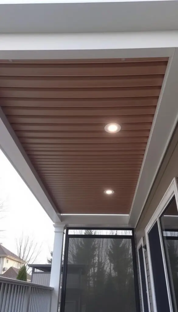A cozy and functional under-deck shade cover, featuring a modern, minimalist design. The structure is built from sturdy, weather-resistant materials, casting a gentle, ambient light and creating a dry, sheltered space below. Sleek, slatted wooden panels line the ceiling, allowing natural airflow and a glimpse of the sky above. Recessed lighting fixtures emit a warm, inviting glow, while the sides are partially enclosed with transparent, weatherproof panels, providing privacy and protection from the elements. The overall aesthetic is clean, elegant, and seamlessly integrated with the surrounding outdoor environment, creating a welcoming retreat for relaxation or entertaining. A cozy and functional under-deck shade cover, featuring a modern, minimalist design. The structure is built from sturdy, weather-resistant materials, casting a gentle, ambient light and creating a dry, sheltered space below. Sleek, slatted wooden panels line the ceiling, allowing natural airflow and a glimpse of the sky above. Recessed lighting fixtures emit a warm, inviting glow, while the sides are partially enclosed with transparent, weatherproof panels, providing privacy and protection from the elements. The overall aesthetic is clean, elegant, and seamlessly integrated with the surrounding outdoor environment, creating a welcoming retreat for relaxation or entertaining.