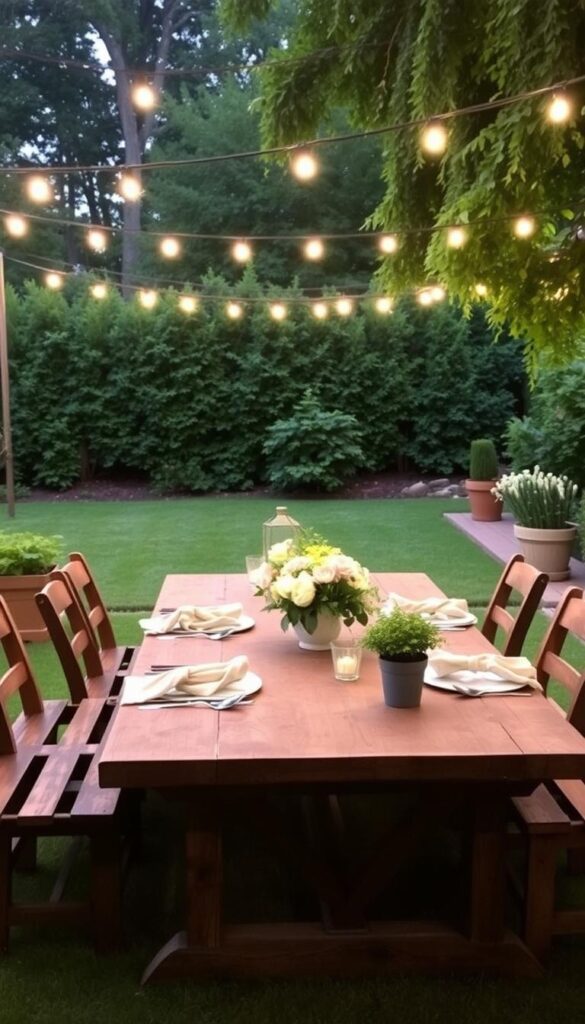 A cozy and inviting backyard dining space, featuring a rustic wooden table set with linen napkins and a simple floral centerpiece. Soft ambient lighting from string lights overhead casts a warm glow, while strategically placed planters and potted herbs add a touch of greenery. The scene is framed by a well-maintained lawn and a backdrop of lush foliage, creating a tranquil, naturalistic atmosphere perfect for relaxed outdoor entertaining on a summer night.