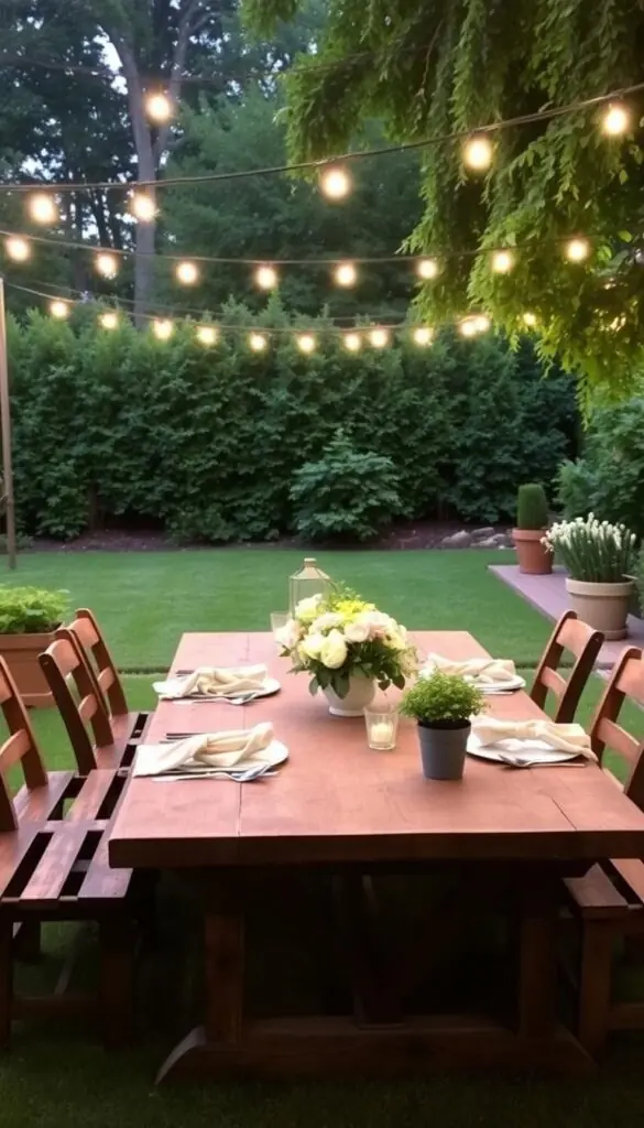 A cozy and inviting backyard dining space, featuring a rustic wooden table set with linen napkins and a simple floral centerpiece. Soft ambient lighting from string lights overhead casts a warm glow, while strategically placed planters and potted herbs add a touch of greenery. The scene is framed by a well-maintained lawn and a backdrop of lush foliage, creating a tranquil, naturalistic atmosphere perfect for relaxed outdoor entertaining on a summer night.