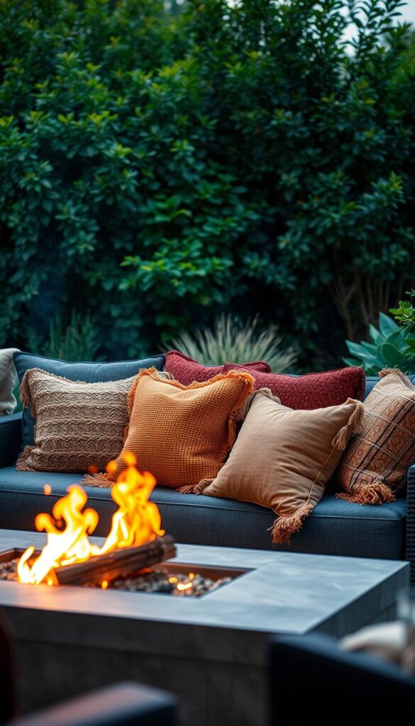 A cozy and inviting backyard lounge area, with an artful arrangement of plush, textured cushions and pillows in a variety of earthy, autumnal hues. The cushions are nestled atop a deep, charcoal gray sectional sofa, positioned before a crackling firepit. Warm, soft lighting casts a gentle glow, creating a comforting ambiance. The scene is framed by lush, verdant foliage in the background, suggesting a serene, nature-inspired setting. Subtle details, such as decorative tassels and fringes, add depth and visual interest to the textiles. An atmosphere of relaxation and comfort pervades the space, inviting the viewer to sink in and unwind.