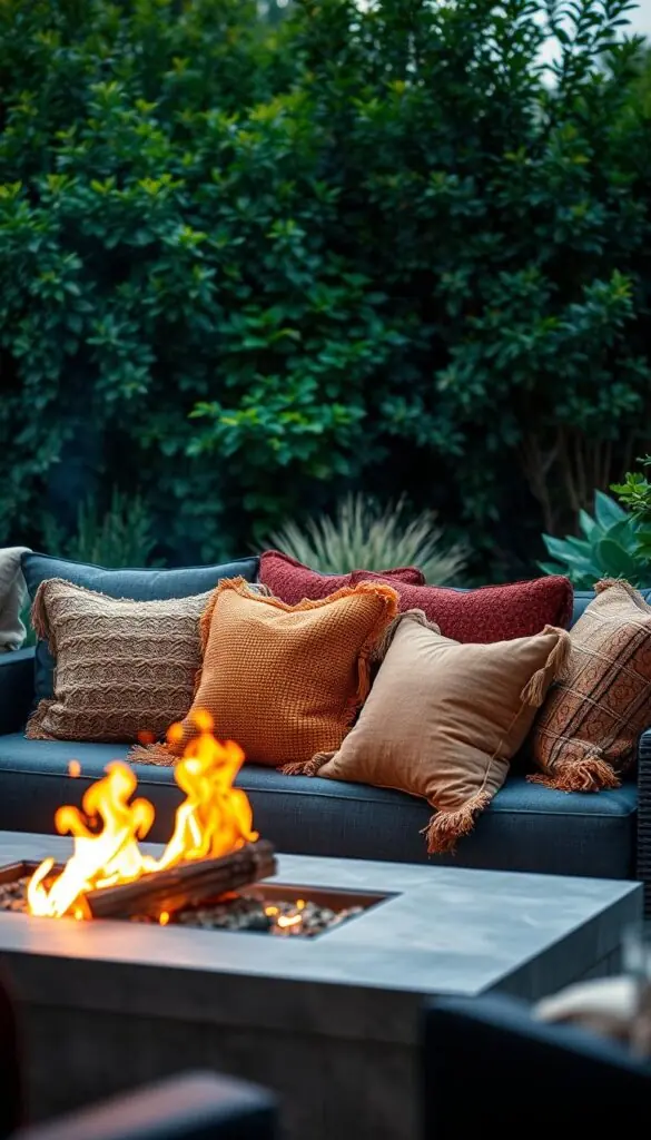 A cozy and inviting backyard lounge area, with an artful arrangement of plush, textured cushions and pillows in a variety of earthy, autumnal hues. The cushions are nestled atop a deep, charcoal gray sectional sofa, positioned before a crackling firepit. Warm, soft lighting casts a gentle glow, creating a comforting ambiance. The scene is framed by lush, verdant foliage in the background, suggesting a serene, nature-inspired setting. Subtle details, such as decorative tassels and fringes, add depth and visual interest to the textiles. An atmosphere of relaxation and comfort pervades the space, inviting the viewer to sink in and unwind. A cozy and inviting backyard lounge area, with an artful arrangement of plush, textured cushions and pillows in a variety of earthy, autumnal hues. The cushions are nestled atop a deep, charcoal gray sectional sofa, positioned before a crackling firepit. Warm, soft lighting casts a gentle glow, creating a comforting ambiance. The scene is framed by lush, verdant foliage in the background, suggesting a serene, nature-inspired setting. Subtle details, such as decorative tassels and fringes, add depth and visual interest to the textiles. An atmosphere of relaxation and comfort pervades the space, inviting the viewer to sink in and unwind.