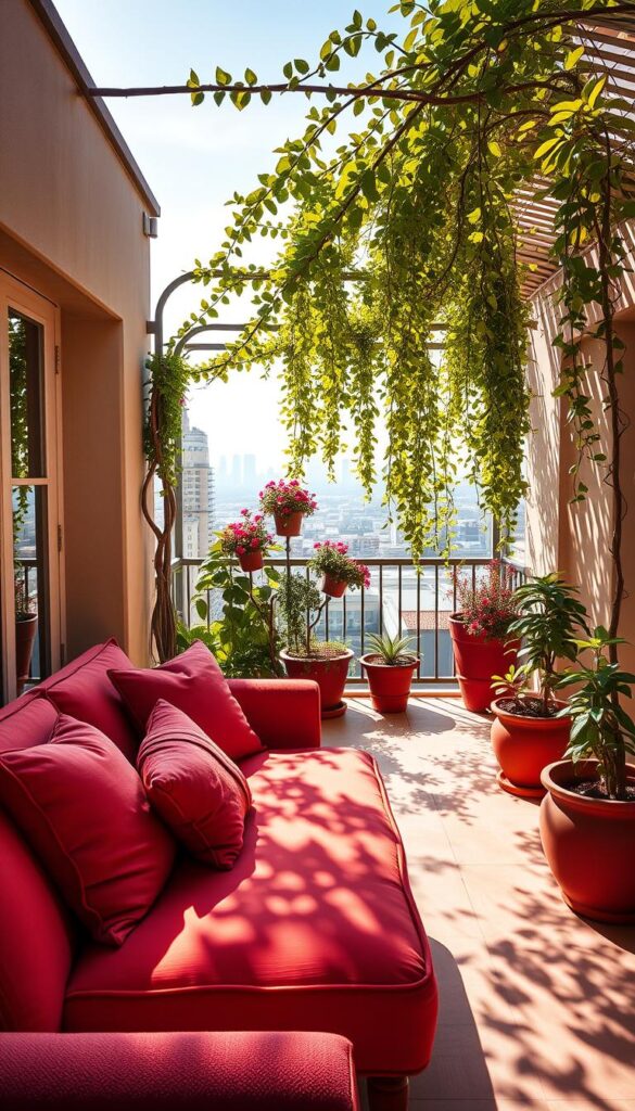 A cozy and inviting balcony with a vibrant, harmonious color palette flowing seamlessly from the interior. In the foreground, a plush outdoor sofa in a rich, saturated hue commands attention, its cushy pillows and throws inviting relaxation. The middle ground features potted plants and planters in complementary tones, creating a lush, verdant oasis. Dappled sunlight filters through a canopy of trailing vines, casting a warm, golden glow across the scene. The background showcases a stunning view of the cityscape, hinting at the bigger world beyond this intimate, meticulously designed space. The overall mood is one of tranquility, comfort, and a joyful embrace of the outdoors. A cozy and inviting balcony with a vibrant, harmonious color palette flowing seamlessly from the interior. In the foreground, a plush outdoor sofa in a rich, saturated hue commands attention, its cushy pillows and throws inviting relaxation. The middle ground features potted plants and planters in complementary tones, creating a lush, verdant oasis. Dappled sunlight filters through a canopy of trailing vines, casting a warm, golden glow across the scene. The background showcases a stunning view of the cityscape, hinting at the bigger world beyond this intimate, meticulously designed space. The overall mood is one of tranquility, comfort, and a joyful embrace of the outdoors.