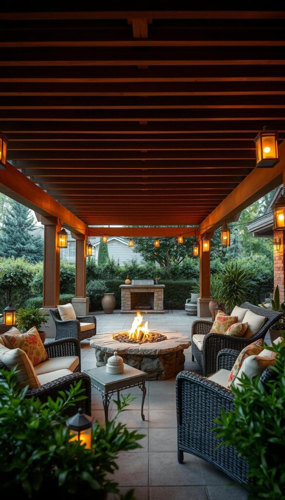 A cozy and inviting covered patio, with a warm and rustic ambiance. In the foreground, a comfortable seating area with plush outdoor furniture, including a wicker sofa and armchairs, arranged around a stone fire pit. The middle ground features a slatted wood pergola overhead, casting a gentle, dappled light across the scene. In the background, lush greenery and potted plants frame the space, creating a sense of tranquility. The patio is illuminated by soft, amber-hued lanterns, casting a glow that enhances the intimate, relaxing atmosphere. The image is captured with a wide-angle lens, allowing for a comprehensive view of the well-designed, inviting outdoor living space. A cozy and inviting covered patio, with a warm and rustic ambiance. In the foreground, a comfortable seating area with plush outdoor furniture, including a wicker sofa and armchairs, arranged around a stone fire pit. The middle ground features a slatted wood pergola overhead, casting a gentle, dappled light across the scene. In the background, lush greenery and potted plants frame the space, creating a sense of tranquility. The patio is illuminated by soft, amber-hued lanterns, casting a glow that enhances the intimate, relaxing atmosphere. The image is captured with a wide-angle lens, allowing for a comprehensive view of the well-designed, inviting outdoor living space.