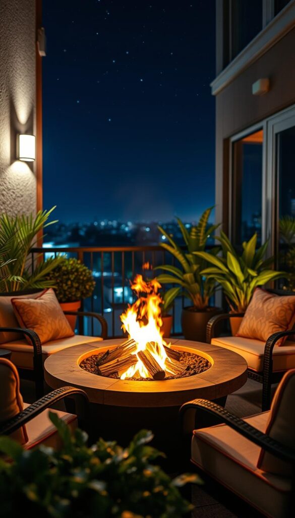 A cozy and inviting fire pit nestled on a small balcony or terrace, surrounded by plush outdoor furniture and lush potted plants. The fire crackles and dances, casting a warm, flickering glow across the scene. The background features a glimpse of a starry night sky, creating a serene and intimate atmosphere. The fire pit is positioned to take advantage of any cool breezes, making it a year-round focal point for relaxation and socializing. Subtle lighting accents highlight the textures and materials of the fire pit and its surroundings, creating a harmonious and visually appealing composition. A cozy and inviting fire pit nestled on a small balcony or terrace, surrounded by plush outdoor furniture and lush potted plants. The fire crackles and dances, casting a warm, flickering glow across the scene. The background features a glimpse of a starry night sky, creating a serene and intimate atmosphere. The fire pit is positioned to take advantage of any cool breezes, making it a year-round focal point for relaxation and socializing. Subtle lighting accents highlight the textures and materials of the fire pit and its surroundings, creating a harmonious and visually appealing composition.