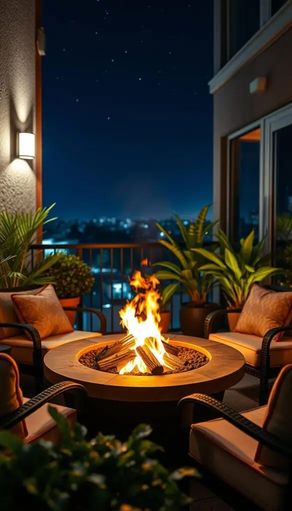A cozy and inviting fire pit nestled on a small balcony or terrace, surrounded by plush outdoor furniture and lush potted plants. The fire crackles and dances, casting a warm, flickering glow across the scene. The background features a glimpse of a starry night sky, creating a serene and intimate atmosphere. The fire pit is positioned to take advantage of any cool breezes, making it a year-round focal point for relaxation and socializing. Subtle lighting accents highlight the textures and materials of the fire pit and its surroundings, creating a harmonious and visually appealing composition. A cozy and inviting fire pit nestled on a small balcony or terrace, surrounded by plush outdoor furniture and lush potted plants. The fire crackles and dances, casting a warm, flickering glow across the scene. The background features a glimpse of a starry night sky, creating a serene and intimate atmosphere. The fire pit is positioned to take advantage of any cool breezes, making it a year-round focal point for relaxation and socializing. Subtle lighting accents highlight the textures and materials of the fire pit and its surroundings, creating a harmonious and visually appealing composition.