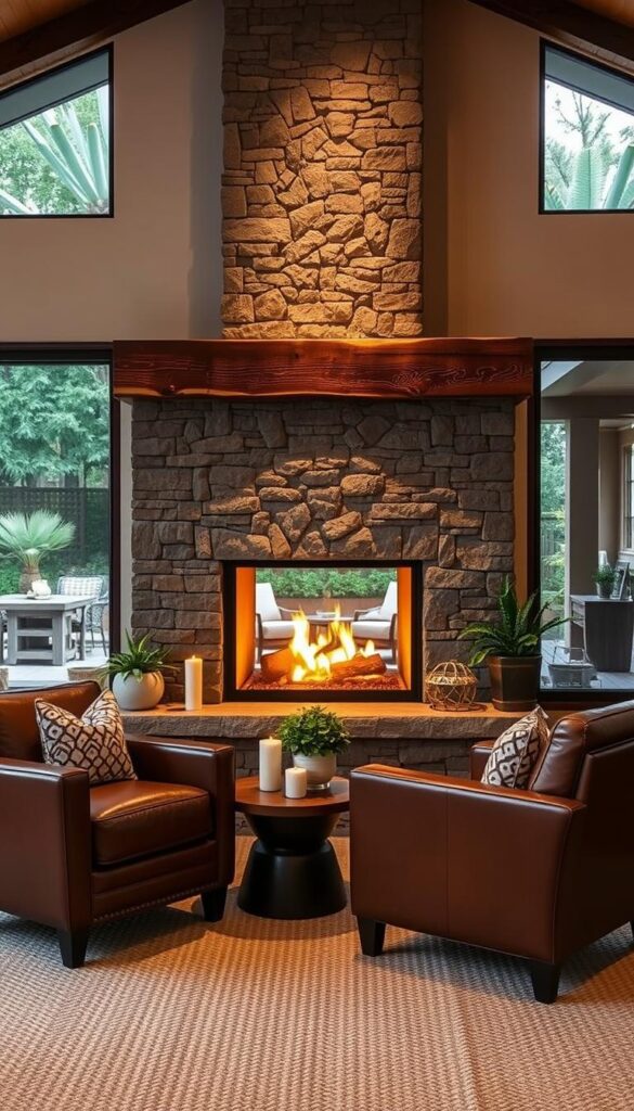 A cozy and inviting fireplace with a contemporary stone facade, surrounded by a rustic, wooden mantel. The fireplace emits a warm, flickering glow, casting a soft, ambient light throughout the space. In the foreground, plush leather armchairs and a thick, woven rug create a comfortable seating area, encouraging conversation and relaxation. The middle ground features a mix of potted plants, candles, and decorative accents that complement the natural textures and tones. In the background, large windows offer a glimpse of a lush, outdoor patio, blending the indoor and outdoor spaces seamlessly. The overall scene exudes a sense of tranquility and sophistication, making the fireplace the undisputed focal point of the space. A cozy and inviting fireplace with a contemporary stone facade, surrounded by a rustic, wooden mantel. The fireplace emits a warm, flickering glow, casting a soft, ambient light throughout the space. In the foreground, plush leather armchairs and a thick, woven rug create a comfortable seating area, encouraging conversation and relaxation. The middle ground features a mix of potted plants, candles, and decorative accents that complement the natural textures and tones. In the background, large windows offer a glimpse of a lush, outdoor patio, blending the indoor and outdoor spaces seamlessly. The overall scene exudes a sense of tranquility and sophistication, making the fireplace the undisputed focal point of the space.