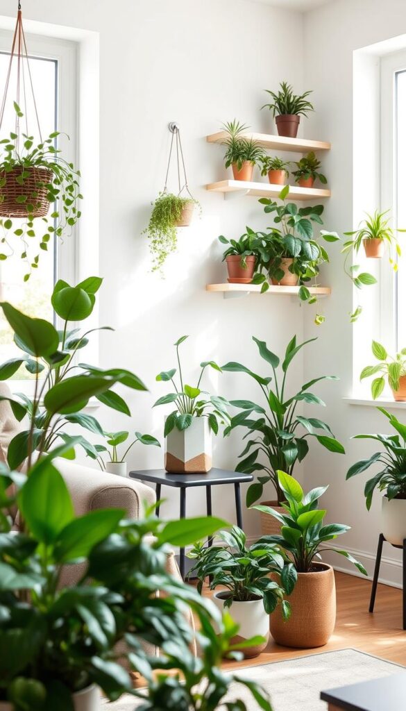 A cozy and inviting living room corner, bathed in soft natural light filtering through large windows. In the foreground, a variety of thriving houseplants in modern ceramic pots and hanging baskets, their lush foliage and verdant hues creating a lively and soothing atmosphere. Mid-ground features a sleek, minimalist side table with a single statement plant in a geometric planter, complementing the room's understated elegance. The background showcases a clean, white wall accented by floating shelves displaying more potted plants, their varied shapes and sizes adding depth and visual interest. The overall scene exudes a sense of tranquility and harmony, perfectly capturing the essence of styling apartment-friendly, low-maintenance houseplants in a small living space.