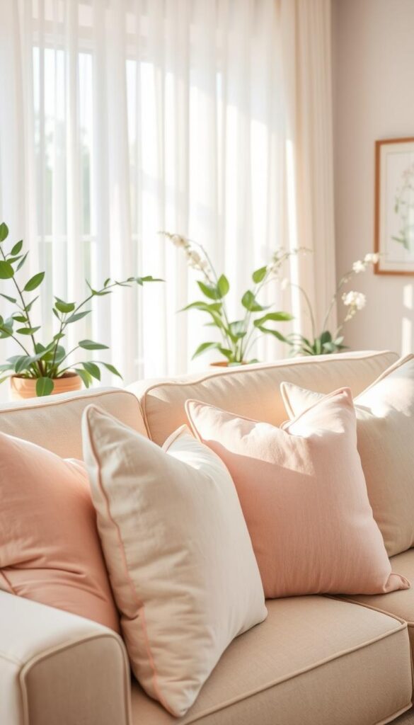 A cozy and inviting living room filled with plush, pastel-hued spring pillows adorning a neutral sofa. The pillows are textured with delicate embroidery or embellishments, creating a soft, feminine vibe. Soft natural light filters through sheer curtains, casting a warm glow over the scene. In the background, potted plants and delicate botanical artwork add touches of greenery and nature, complementing the springtime palette. The overall atmosphere is one of relaxation and rejuvenation, capturing the essence of springtime indoor decor. A cozy and inviting living room filled with plush, pastel-hued spring pillows adorning a neutral sofa. The pillows are textured with delicate embroidery or embellishments, creating a soft, feminine vibe. Soft natural light filters through sheer curtains, casting a warm glow over the scene. In the background, potted plants and delicate botanical artwork add touches of greenery and nature, complementing the springtime palette. The overall atmosphere is one of relaxation and rejuvenation, capturing the essence of springtime indoor decor.