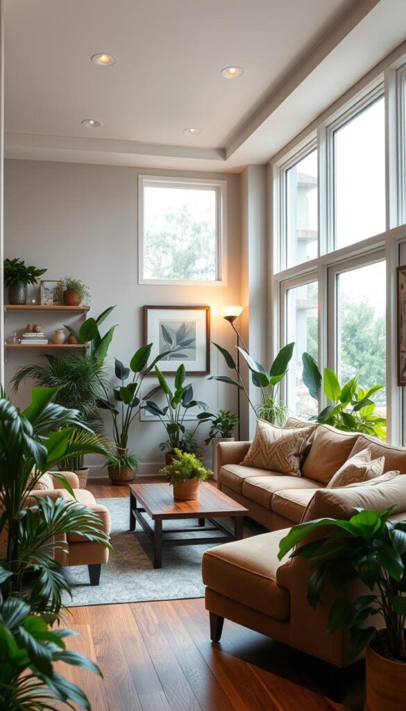A cozy and inviting living room with natural light streaming in through large windows. The room features plush, earthy-toned furniture including a comfortable sofa, armchair, and a modern, wooden coffee table. Potted plants and lush, green foliage are strategically placed around the room, creating a tranquil, biophilic atmosphere. The walls are adorned with framed artwork and shelves displaying decorative items. The lighting is a combination of recessed ceiling lights and a floor lamp, creating a warm, ambient glow. The scene is captured from a slightly elevated angle, showcasing the harmonious blend of natural elements and modern decor.