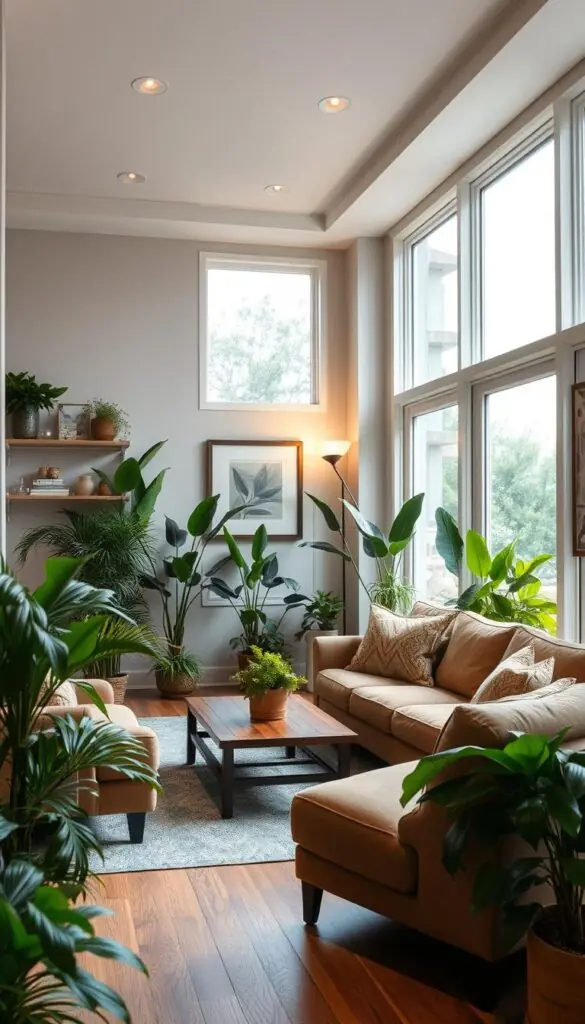 A cozy and inviting living room with natural light streaming in through large windows. The room features plush, earthy-toned furniture including a comfortable sofa, armchair, and a modern, wooden coffee table. Potted plants and lush, green foliage are strategically placed around the room, creating a tranquil, biophilic atmosphere. The walls are adorned with framed artwork and shelves displaying decorative items. The lighting is a combination of recessed ceiling lights and a floor lamp, creating a warm, ambient glow. The scene is captured from a slightly elevated angle, showcasing the harmonious blend of natural elements and modern decor. A cozy and inviting living room with natural light streaming in through large windows. The room features plush, earthy-toned furniture including a comfortable sofa, armchair, and a modern, wooden coffee table. Potted plants and lush, green foliage are strategically placed around the room, creating a tranquil, biophilic atmosphere. The walls are adorned with framed artwork and shelves displaying decorative items. The lighting is a combination of recessed ceiling lights and a floor lamp, creating a warm, ambient glow. The scene is captured from a slightly elevated angle, showcasing the harmonious blend of natural elements and modern decor.