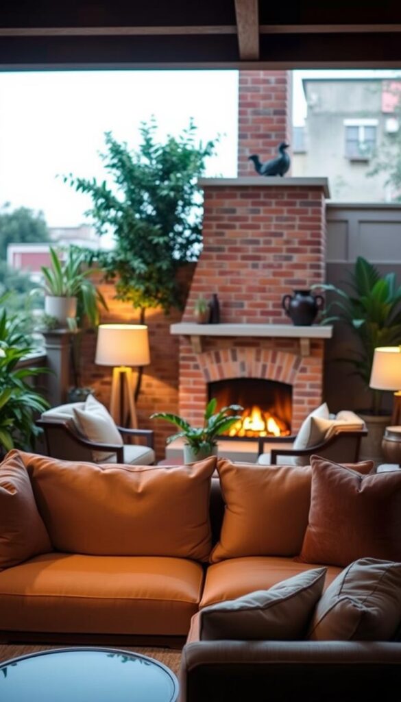 A cozy and inviting living room with plush seating, a warm fireplace, and lush greenery. Soft lighting from table lamps and a large window casts a gentle glow, creating a serene and relaxing ambiance. A large, comfortable sofa dominates the foreground, complemented by a pair of armchairs and a stylish coffee table. In the middle ground, a potted plant and a small side table with a decorative vase add touches of nature. The background features a brick or stone fireplace with a mantel, providing a focal point and a sense of coziness. The overall scene evokes a welcoming and intimate atmosphere, perfect for enjoying the comforts of a small balcony or terrace. A cozy and inviting living room with plush seating, a warm fireplace, and lush greenery. Soft lighting from table lamps and a large window casts a gentle glow, creating a serene and relaxing ambiance. A large, comfortable sofa dominates the foreground, complemented by a pair of armchairs and a stylish coffee table. In the middle ground, a potted plant and a small side table with a decorative vase add touches of nature. The background features a brick or stone fireplace with a mantel, providing a focal point and a sense of coziness. The overall scene evokes a welcoming and intimate atmosphere, perfect for enjoying the comforts of a small balcony or terrace.