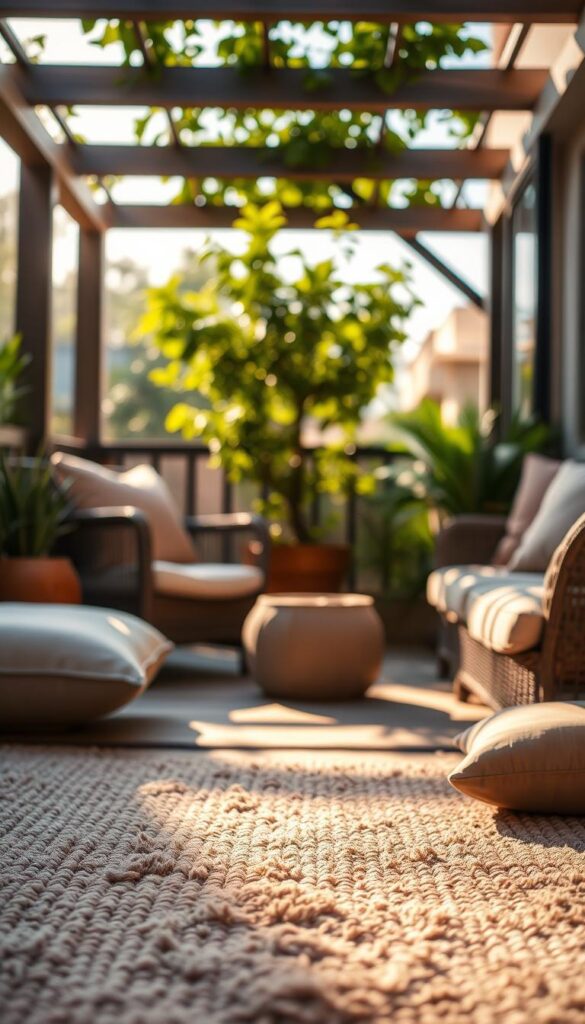 A cozy and inviting outdoor space, captured in warm afternoon light. In the foreground, a plush, textural outdoor rug in neutral tones grounds the scene, its soft fibers inviting bare feet. The middle ground features comfortable, weather-resistant cushions in complementary hues, adding layers of comfort and style. In the background, a lush, verdant potted plant or small tree adds a natural, calming element, framed by the gentle, dappled light filtering through a pergola or overhead structure. The overall mood is one of relaxation and quiet sophistication, perfect for transforming a small balcony or terrace into a tranquil oasis. A cozy and inviting outdoor space, captured in warm afternoon light. In the foreground, a plush, textural outdoor rug in neutral tones grounds the scene, its soft fibers inviting bare feet. The middle ground features comfortable, weather-resistant cushions in complementary hues, adding layers of comfort and style. In the background, a lush, verdant potted plant or small tree adds a natural, calming element, framed by the gentle, dappled light filtering through a pergola or overhead structure. The overall mood is one of relaxation and quiet sophistication, perfect for transforming a small balcony or terrace into a tranquil oasis.
