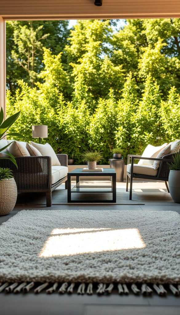 A cozy and inviting patio scene, bathed in warm afternoon sunlight. In the foreground, a plush, textured outdoor rug in a soothing color palette anchors the space, complementing the surrounding furniture. In the middle ground, sleek patio furniture, such as a loveseat and chairs, is arranged in a conversational grouping, inviting relaxation. In the background, lush, verdant foliage frames the scene, creating a sense of tranquility. The overall atmosphere is one of effortless, outdoor living, where the rug acts as a foundation for a harmonious and stylish patio oasis.