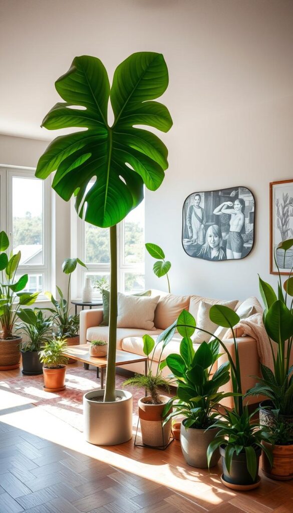 A cozy and stylish living room with an assortment of vibrant houseplants strategically placed to enhance the space. In the foreground, a lush fiddle-leaf fig tree stands tall, its large, glossy leaves casting dramatic shadows. Surrounding it, a variety of potted plants of varying heights, textures, and shades of green, such as a monstera, a snake plant, and a ZZ plant, are arranged with intentionality. The middle ground features a plush, neutral-toned sofa and a wooden coffee table, creating a harmonious and inviting atmosphere. Natural light streams in through large windows, illuminating the plants and casting a warm, tranquil glow throughout the room. The background showcases neutral-toned walls and simple, minimalist decor, allowing the plants to take center stage as the focal point of the living space.
