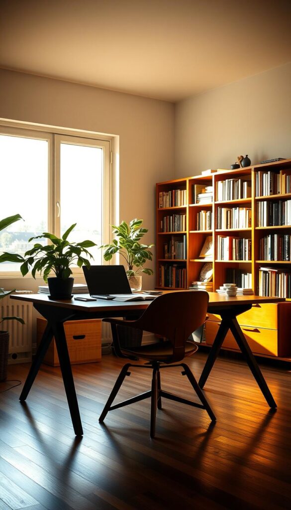 A cozy and well-lit home office, bathed in warm, natural light spilling through a large window. In the foreground, a sturdy, minimalist desk adorned with a flourishing potted plant, a sleek laptop, and a few scattered papers. The middle ground features a mid-century modern chair, its clean lines complementing the overall aesthetic. In the background, bookshelves line the walls, their spines casting intriguing shadows across the space. The atmosphere is serene and productive, inspiring creativity and focus.