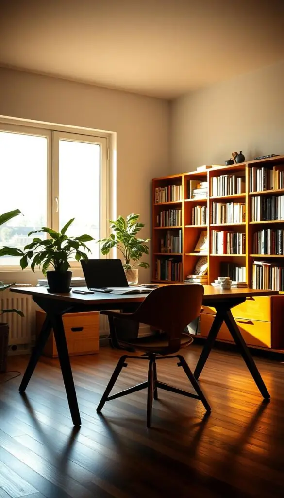 A cozy and well-lit home office, bathed in warm, natural light spilling through a large window. In the foreground, a sturdy, minimalist desk adorned with a flourishing potted plant, a sleek laptop, and a few scattered papers. The middle ground features a mid-century modern chair, its clean lines complementing the overall aesthetic. In the background, bookshelves line the walls, their spines casting intriguing shadows across the space. The atmosphere is serene and productive, inspiring creativity and focus. A cozy and well-lit home office, bathed in warm, natural light spilling through a large window. In the foreground, a sturdy, minimalist desk adorned with a flourishing potted plant, a sleek laptop, and a few scattered papers. The middle ground features a mid-century modern chair, its clean lines complementing the overall aesthetic. In the background, bookshelves line the walls, their spines casting intriguing shadows across the space. The atmosphere is serene and productive, inspiring creativity and focus.