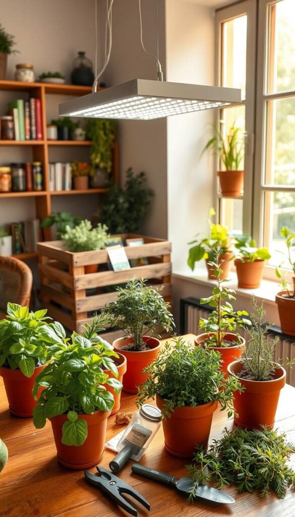 A cozy and well-lit indoor herb garden, bathed in warm natural light filtering through a large window. In the foreground, a wooden tabletop is adorned with terracotta pots, each housing a thriving herb plant - vibrant green basil, lush rosemary, and fragrant thyme. Surrounding the pots are essential tools: a small pair of pruning shears, a water mister, and a trowel. In the middle ground, a rustic wooden crate holds packets of organic herb seeds, while a sleek, modern grow light casts a soft glow over the scene. The background features shelves lined with gardening books, jars of dried herbs, and a few decorative items that tie the space together, creating a harmonious and serene atmosphere for cultivating an indoor herb garden. A cozy and well-lit indoor herb garden, bathed in warm natural light filtering through a large window. In the foreground, a wooden tabletop is adorned with terracotta pots, each housing a thriving herb plant - vibrant green basil, lush rosemary, and fragrant thyme. Surrounding the pots are essential tools: a small pair of pruning shears, a water mister, and a trowel. In the middle ground, a rustic wooden crate holds packets of organic herb seeds, while a sleek, modern grow light casts a soft glow over the scene. The background features shelves lined with gardening books, jars of dried herbs, and a few decorative items that tie the space together, creating a harmonious and serene atmosphere for cultivating an indoor herb garden.