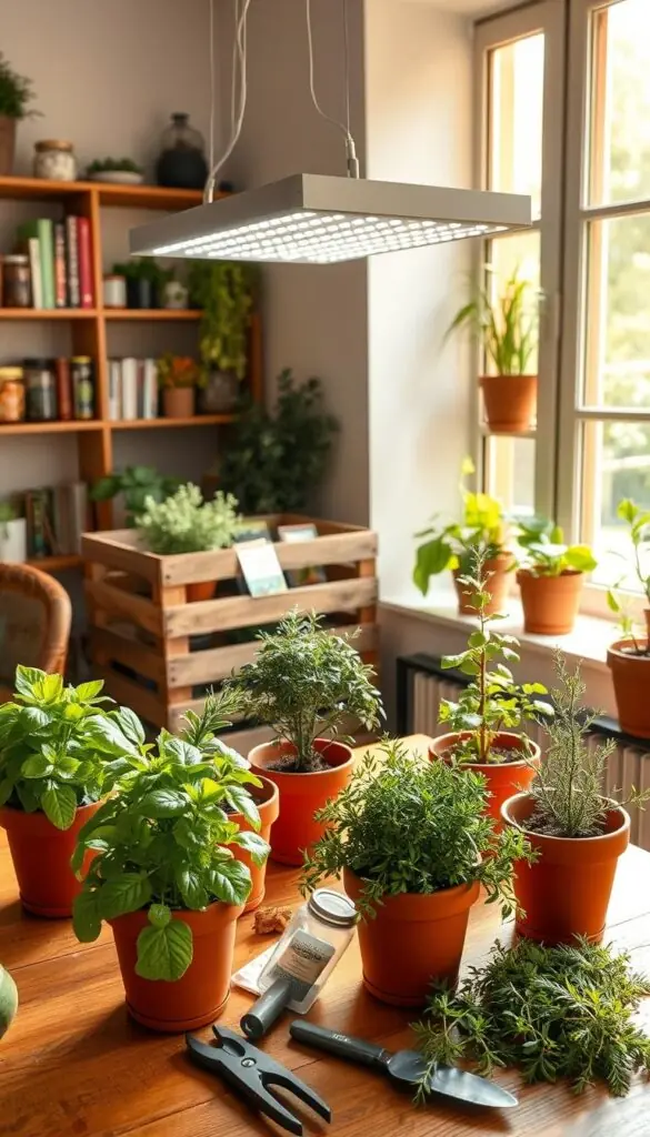 A cozy and well-lit indoor herb garden, bathed in warm natural light filtering through a large window. In the foreground, a wooden tabletop is adorned with terracotta pots, each housing a thriving herb plant - vibrant green basil, lush rosemary, and fragrant thyme. Surrounding the pots are essential tools: a small pair of pruning shears, a water mister, and a trowel. In the middle ground, a rustic wooden crate holds packets of organic herb seeds, while a sleek, modern grow light casts a soft glow over the scene. The background features shelves lined with gardening books, jars of dried herbs, and a few decorative items that tie the space together, creating a harmonious and serene atmosphere for cultivating an indoor herb garden. A cozy and well-lit indoor herb garden, bathed in warm natural light filtering through a large window. In the foreground, a wooden tabletop is adorned with terracotta pots, each housing a thriving herb plant - vibrant green basil, lush rosemary, and fragrant thyme. Surrounding the pots are essential tools: a small pair of pruning shears, a water mister, and a trowel. In the middle ground, a rustic wooden crate holds packets of organic herb seeds, while a sleek, modern grow light casts a soft glow over the scene. The background features shelves lined with gardening books, jars of dried herbs, and a few decorative items that tie the space together, creating a harmonious and serene atmosphere for cultivating an indoor herb garden.