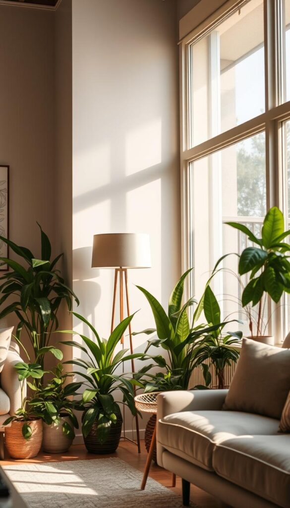 A cozy and well-lit indoor space with a mix of natural and artificial lighting, showcasing a variety of lush houseplants artfully arranged to complement the décor. The scene features soft, warm-toned lighting from a standing lamp and natural illumination filtering through large windows, creating a harmonious ambiance. The plants are positioned strategically to blend seamlessly with the room's neutral color palette and modern furniture, exuding a sense of tranquility and natural elegance. The camera angle is slightly elevated, capturing the scene from an oblique perspective to highlight the thoughtful arrangement and integration of the plants within the living space.