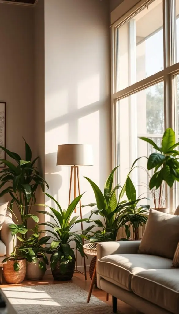 A cozy and well-lit indoor space with a mix of natural and artificial lighting, showcasing a variety of lush houseplants artfully arranged to complement the décor. The scene features soft, warm-toned lighting from a standing lamp and natural illumination filtering through large windows, creating a harmonious ambiance. The plants are positioned strategically to blend seamlessly with the room's neutral color palette and modern furniture, exuding a sense of tranquility and natural elegance. The camera angle is slightly elevated, capturing the scene from an oblique perspective to highlight the thoughtful arrangement and integration of the plants within the living space. A cozy and well-lit indoor space with a mix of natural and artificial lighting, showcasing a variety of lush houseplants artfully arranged to complement the décor. The scene features soft, warm-toned lighting from a standing lamp and natural illumination filtering through large windows, creating a harmonious ambiance. The plants are positioned strategically to blend seamlessly with the room's neutral color palette and modern furniture, exuding a sense of tranquility and natural elegance. The camera angle is slightly elevated, capturing the scene from an oblique perspective to highlight the thoughtful arrangement and integration of the plants within the living space.