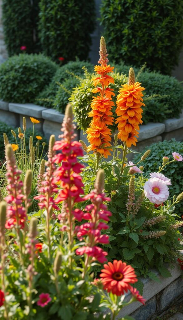 A cozy arrangement of lush, layered flower beds, captured in soft, diffused natural light. In the foreground, tall flowering plants in vibrant hues add dimension and texture, while mid-height shrubs and greenery create a sense of depth. In the background, a low stone wall or raised planter acts as a subtle foundation, blending seamlessly with the verdant palette. The overall scene conveys a sense of harmony and a visually captivating "layered look" that effortlessly highlights the varied heights of the blooming flora.