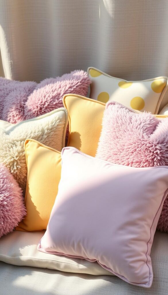 A cozy arrangement of plush, inviting throw pillows in a variety of pastel hues and springtime patterns. Soft, velvety textures in shades of lavender, sage, and lemon set against a neutral, linen-textured background. The pillows are arranged artfully, creating a comfortable, layered composition that evokes a sense of warmth and relaxation. Gentle, diffused natural light filters in, creating gentle shadows and highlights that accentuate the pillows' alluring tactile qualities. The overall scene exudes a serene, welcoming ambiance, perfect for injecting instant color and comfort into any spring-inspired outdoor or indoor space.