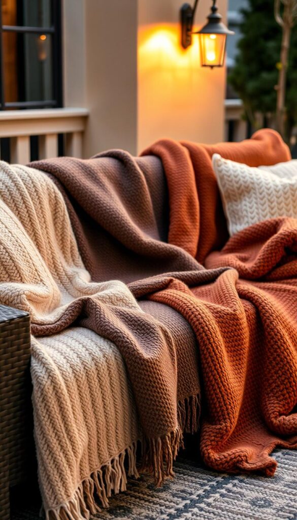 A cozy arrangement of soft, plush blankets in earthy tones, artfully draped over a comfortable outdoor seating area. The blankets feature a mix of textures and patterns, creating a layered, inviting atmosphere. Warm lighting from discreet outdoor lamps casts a gentle glow, accentuating the tactile qualities of the fabrics. The scene is captured from a slightly elevated angle, showcasing the inviting nature of this cozy outdoor retreat, perfect for chilly evenings spent entertaining guests.