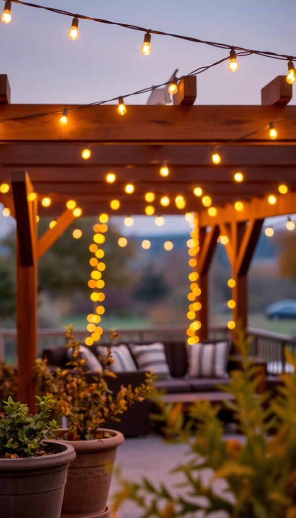 A cozy autumn evening, with a string of warm glowing lights strung across a wooden pergola or trellis. The lights cast a soft, inviting illumination, creating an intimate and charming outdoor ambiance. In the foreground, potted plants or fall foliage add a natural, seasonal touch. The middle ground features a seating area, perhaps a bench or small outdoor sofa, inviting guests to relax and enjoy the cozy atmosphere. The background blurs into a hazy, autumnal landscape, with the hint of a changing tree line or a distant horizon. The overall mood is one of comfort, coziness, and the joys of outdoor entertaining during the transitional fall season.