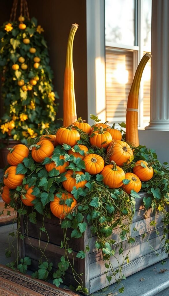 A cozy autumn porch with a cluster of plump pumpkin plants, their bright orange spheres nestled among lush foliage and trailing vines. A rustic wooden planter box overflows with cascading greenery, complemented by a pair of tall, slender pumpkin stalks rising up on either side. Warm, golden afternoon light filters through the scene, casting soft shadows and adding a touch of magical ambiance. The inviting porch setting exudes a sense of seasonal charm and homely comfort, beckoning visitors to step inside and embrace the embrace the spirit of the harvest season. A cozy autumn porch with a cluster of plump pumpkin plants, their bright orange spheres nestled among lush foliage and trailing vines. A rustic wooden planter box overflows with cascading greenery, complemented by a pair of tall, slender pumpkin stalks rising up on either side. Warm, golden afternoon light filters through the scene, casting soft shadows and adding a touch of magical ambiance. The inviting porch setting exudes a sense of seasonal charm and homely comfort, beckoning visitors to step inside and embrace the embrace the spirit of the harvest season.
