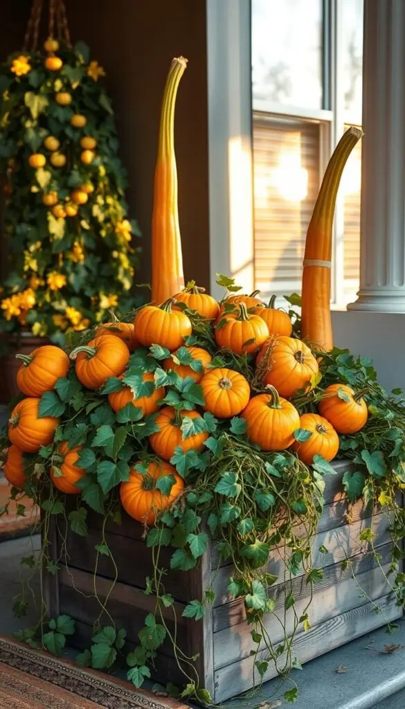 A cozy autumn porch with a cluster of plump pumpkin plants, their bright orange spheres nestled among lush foliage and trailing vines. A rustic wooden planter box overflows with cascading greenery, complemented by a pair of tall, slender pumpkin stalks rising up on either side. Warm, golden afternoon light filters through the scene, casting soft shadows and adding a touch of magical ambiance. The inviting porch setting exudes a sense of seasonal charm and homely comfort, beckoning visitors to step inside and embrace the embrace the spirit of the harvest season. A cozy autumn porch with a cluster of plump pumpkin plants, their bright orange spheres nestled among lush foliage and trailing vines. A rustic wooden planter box overflows with cascading greenery, complemented by a pair of tall, slender pumpkin stalks rising up on either side. Warm, golden afternoon light filters through the scene, casting soft shadows and adding a touch of magical ambiance. The inviting porch setting exudes a sense of seasonal charm and homely comfort, beckoning visitors to step inside and embrace the embrace the spirit of the harvest season.