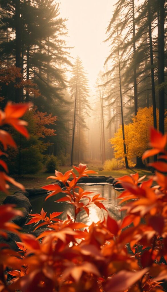 A cozy autumn scene, captured in warm tones. In the foreground, a collection of vibrant leaves in hues of red, orange, and yellow, their edges softly blurred. The middle ground features a small pond, its surface reflecting the vibrant foliage. In the background, a dense forest of tall trees, their branches reaching up towards a hazy, golden sky. The lighting is soft and diffused, creating a sense of gentle tranquility. The overall atmosphere is one of comfort and contentment, inviting the viewer to bask in the natural beauty of the fall season.
