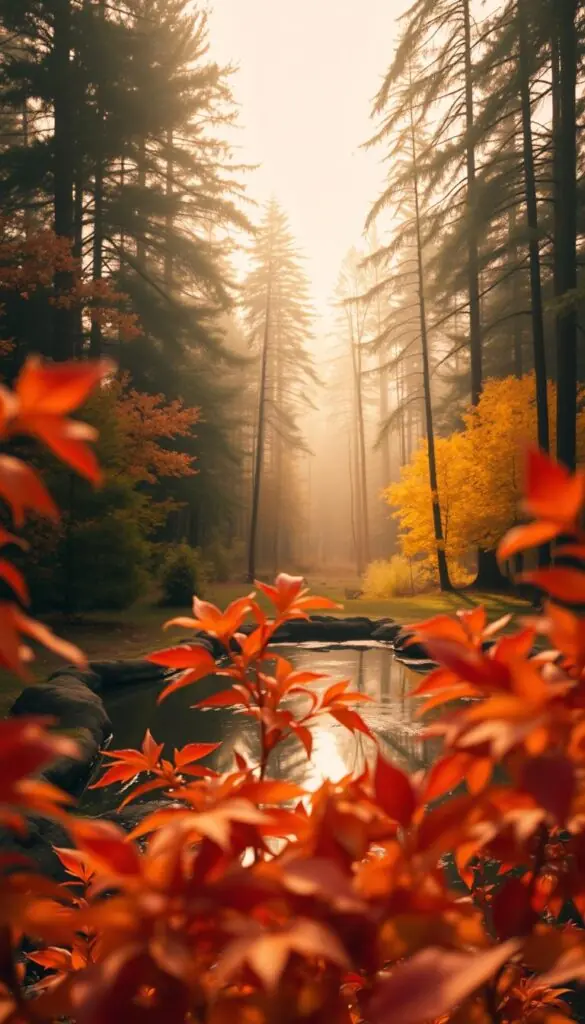 A cozy autumn scene, captured in warm tones. In the foreground, a collection of vibrant leaves in hues of red, orange, and yellow, their edges softly blurred. The middle ground features a small pond, its surface reflecting the vibrant foliage. In the background, a dense forest of tall trees, their branches reaching up towards a hazy, golden sky. The lighting is soft and diffused, creating a sense of gentle tranquility. The overall atmosphere is one of comfort and contentment, inviting the viewer to bask in the natural beauty of the fall season. A cozy autumn scene, captured in warm tones. In the foreground, a collection of vibrant leaves in hues of red, orange, and yellow, their edges softly blurred. The middle ground features a small pond, its surface reflecting the vibrant foliage. In the background, a dense forest of tall trees, their branches reaching up towards a hazy, golden sky. The lighting is soft and diffused, creating a sense of gentle tranquility. The overall atmosphere is one of comfort and contentment, inviting the viewer to bask in the natural beauty of the fall season.