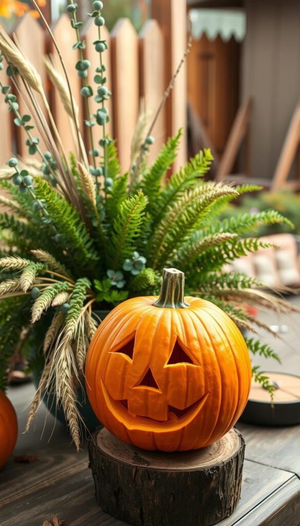 A cozy autumn scene featuring a hand-carved pumpkin planter. In the foreground, a vibrant orange pumpkin sits atop a rustic wooden stand, its intricate facial features carved with care. The middle ground showcases an assortment of seasonal foliage, including lush green ferns, dried wheat stalks, and sprigs of eucalyptus. In the background, a warm-toned, softly lit environment evokes a sense of harvest time, with a wooden fence and a hint of a garden shed visible. Soft, natural lighting casts a gentle glow over the scene, creating a welcoming and inviting atmosphere. The overall composition emphasizes the simplicity and charm of a budget-friendly, DIY pumpkin planter. A cozy autumn scene featuring a hand-carved pumpkin planter. In the foreground, a vibrant orange pumpkin sits atop a rustic wooden stand, its intricate facial features carved with care. The middle ground showcases an assortment of seasonal foliage, including lush green ferns, dried wheat stalks, and sprigs of eucalyptus. In the background, a warm-toned, softly lit environment evokes a sense of harvest time, with a wooden fence and a hint of a garden shed visible. Soft, natural lighting casts a gentle glow over the scene, creating a welcoming and inviting atmosphere. The overall composition emphasizes the simplicity and charm of a budget-friendly, DIY pumpkin planter.