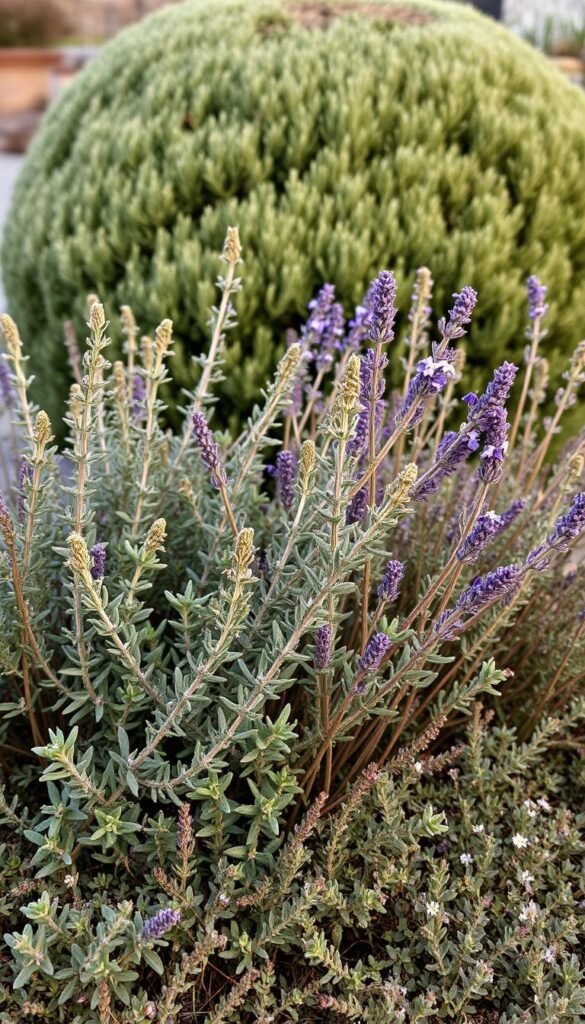 A cozy autumn scene featuring a lush grouping of woody herbs and shrubs in a natural, earthy palette. In the foreground, a cluster of aromatic sage, rosemary, and lavender plants sway gently in a warm, diffused light. The middle ground showcases a mix of low-growing thyme and oregano, their tiny flowers dotting the scene. In the background, a rounded silhouette of a juniper or elderberry bush provides a sense of depth and structure. The overall composition has a soft, intimate feel, inviting the viewer to pause and appreciate the beauty of these resilient, cold-hardy perennials. A cozy autumn scene featuring a lush grouping of woody herbs and shrubs in a natural, earthy palette. In the foreground, a cluster of aromatic sage, rosemary, and lavender plants sway gently in a warm, diffused light. The middle ground showcases a mix of low-growing thyme and oregano, their tiny flowers dotting the scene. In the background, a rounded silhouette of a juniper or elderberry bush provides a sense of depth and structure. The overall composition has a soft, intimate feel, inviting the viewer to pause and appreciate the beauty of these resilient, cold-hardy perennials.