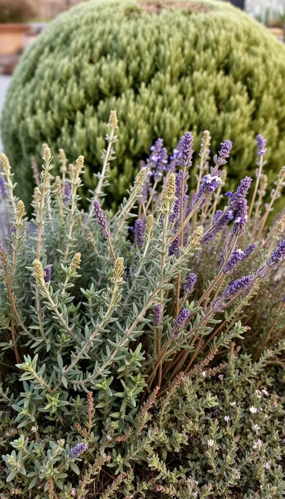 A cozy autumn scene featuring a lush grouping of woody herbs and shrubs in a natural, earthy palette. In the foreground, a cluster of aromatic sage, rosemary, and lavender plants sway gently in a warm, diffused light. The middle ground showcases a mix of low-growing thyme and oregano, their tiny flowers dotting the scene. In the background, a rounded silhouette of a juniper or elderberry bush provides a sense of depth and structure. The overall composition has a soft, intimate feel, inviting the viewer to pause and appreciate the beauty of these resilient, cold-hardy perennials. A cozy autumn scene featuring a lush grouping of woody herbs and shrubs in a natural, earthy palette. In the foreground, a cluster of aromatic sage, rosemary, and lavender plants sway gently in a warm, diffused light. The middle ground showcases a mix of low-growing thyme and oregano, their tiny flowers dotting the scene. In the background, a rounded silhouette of a juniper or elderberry bush provides a sense of depth and structure. The overall composition has a soft, intimate feel, inviting the viewer to pause and appreciate the beauty of these resilient, cold-hardy perennials.