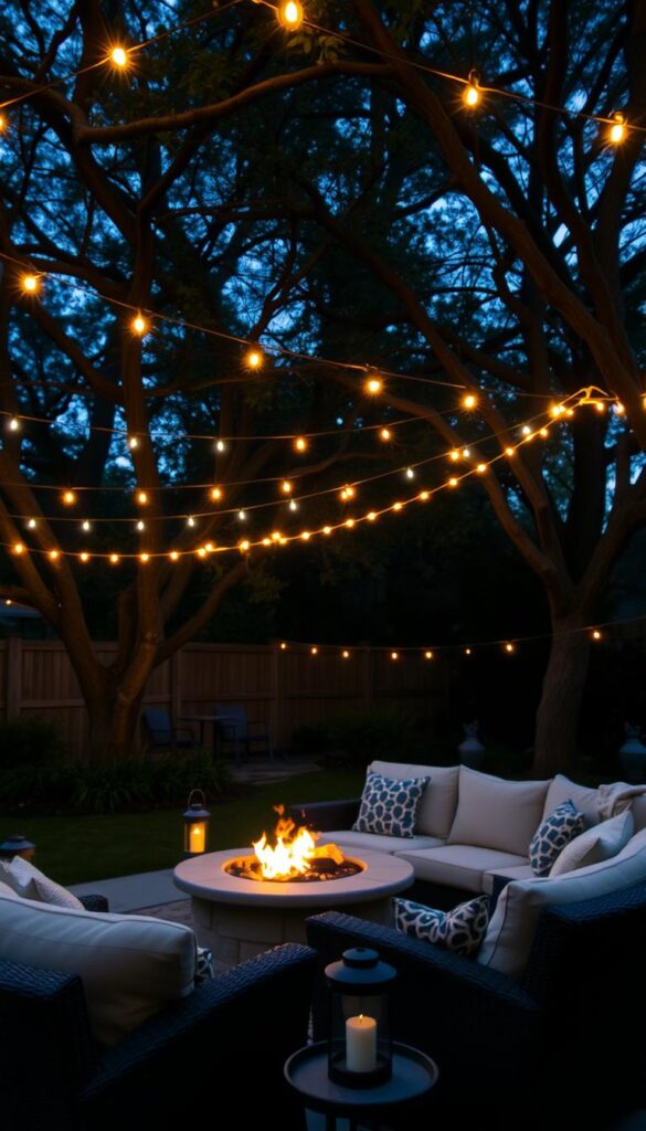 A cozy backyard at dusk, string lights gently illuminating the scene. Delicate strands of warm yellow and white lights crisscross overhead, casting a soft, inviting glow across the space. The lights are strung between mature trees, their branches providing a natural, rustic backdrop. In the foreground, plush patio furniture and a fire pit create a welcoming seating area, inviting guests to relax and enjoy the ambiance. The lighting has a subtle, layered effect, with a few lanterns placed strategically around the space to add depth and dimension. The overall mood is one of intimate, atmospheric charm, perfect for an evening of backyard entertaining.