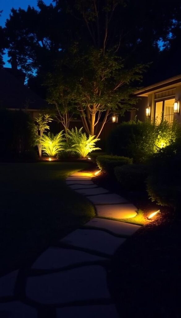 A cozy backyard at dusk, with carefully placed outdoor lighting illuminating a lush, well-manicured garden. In the foreground, a series of warm, diffused ground-level spotlights gently illuminate a stone path, leading the eye towards a central focal point. In the middle ground, elegant up-lighting casts a soft, ambient glow on the surrounding foliage, creating a serene and inviting atmosphere. The background is subtly lit, with discreet path lighting and carefully angled floodlights highlighting the architectural features of the home, creating a balanced and harmonious lighting design that avoids harsh shadows or glare. A cozy backyard at dusk, with carefully placed outdoor lighting illuminating a lush, well-manicured garden. In the foreground, a series of warm, diffused ground-level spotlights gently illuminate a stone path, leading the eye towards a central focal point. In the middle ground, elegant up-lighting casts a soft, ambient glow on the surrounding foliage, creating a serene and inviting atmosphere. The background is subtly lit, with discreet path lighting and carefully angled floodlights highlighting the architectural features of the home, creating a balanced and harmonious lighting design that avoids harsh shadows or glare.