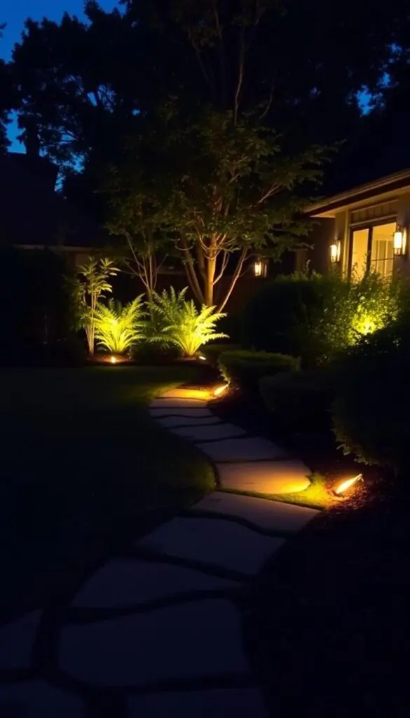 A cozy backyard at dusk, with carefully placed outdoor lighting illuminating a lush, well-manicured garden. In the foreground, a series of warm, diffused ground-level spotlights gently illuminate a stone path, leading the eye towards a central focal point. In the middle ground, elegant up-lighting casts a soft, ambient glow on the surrounding foliage, creating a serene and inviting atmosphere. The background is subtly lit, with discreet path lighting and carefully angled floodlights highlighting the architectural features of the home, creating a balanced and harmonious lighting design that avoids harsh shadows or glare. A cozy backyard at dusk, with carefully placed outdoor lighting illuminating a lush, well-manicured garden. In the foreground, a series of warm, diffused ground-level spotlights gently illuminate a stone path, leading the eye towards a central focal point. In the middle ground, elegant up-lighting casts a soft, ambient glow on the surrounding foliage, creating a serene and inviting atmosphere. The background is subtly lit, with discreet path lighting and carefully angled floodlights highlighting the architectural features of the home, creating a balanced and harmonious lighting design that avoids harsh shadows or glare.