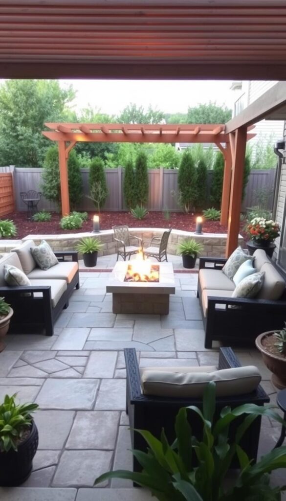A cozy backyard lounge area with a meticulously designed patio. In the foreground, a comfortable seating arrangement with plush outdoor furniture, including a loveseat and armchair, invitingly positioned around a modern fire pit. The middle ground showcases a stone patio with intricate paving patterns, complemented by lush greenery and potted plants strategically placed. In the background, a slatted wooden pergola casts a warm, soft light, creating a cozy ambiance. The overall scene radiates a sense of tranquility and relaxation, with the patio design seamlessly blending functionality and aesthetic appeal.